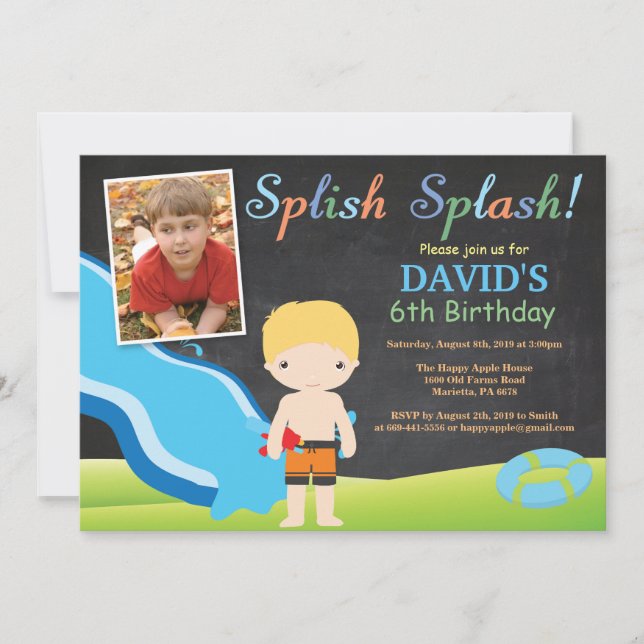 Chalkboard Water Slide Pool Birthday Party Boy Invitation (Front)