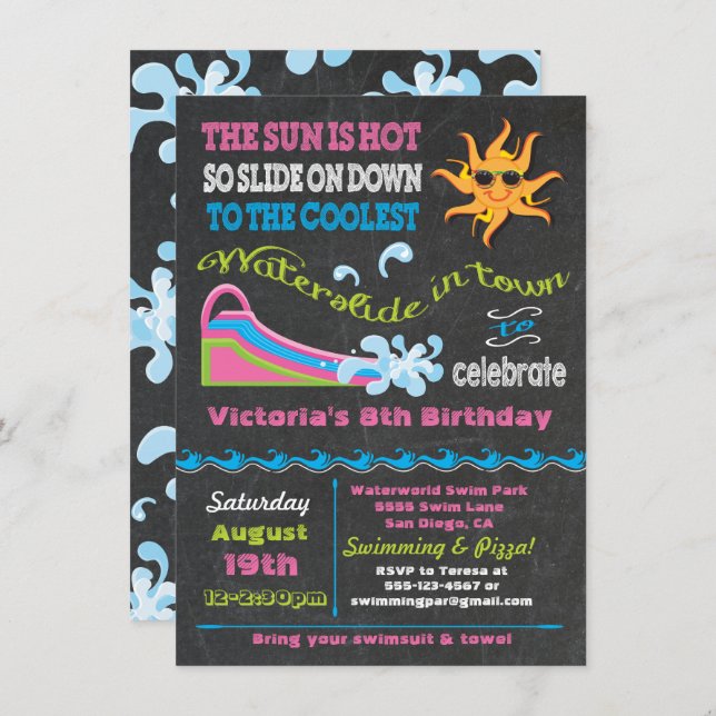Chalkboard Water slide Pool birthday party Invitation (Front/Back)
