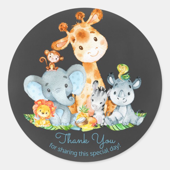 Chalkboard Watercol Cute Jungle Animals Thank You Classic Round Sticker (Front)