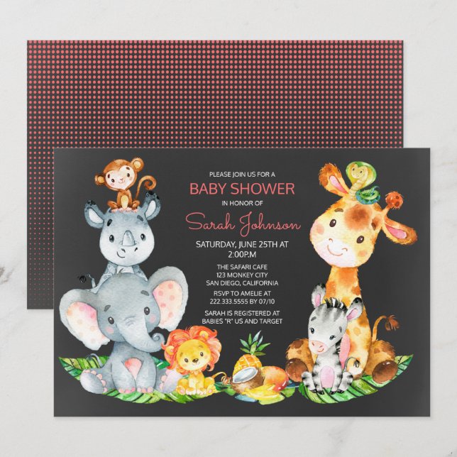 Chalkboard Watercol Cute Safari Jungle Baby Shower Invitation (Front/Back)