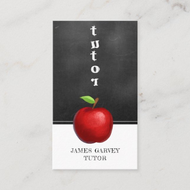 Chalkboard Watercolor Apple Tutor Teacher Business Card (Front)