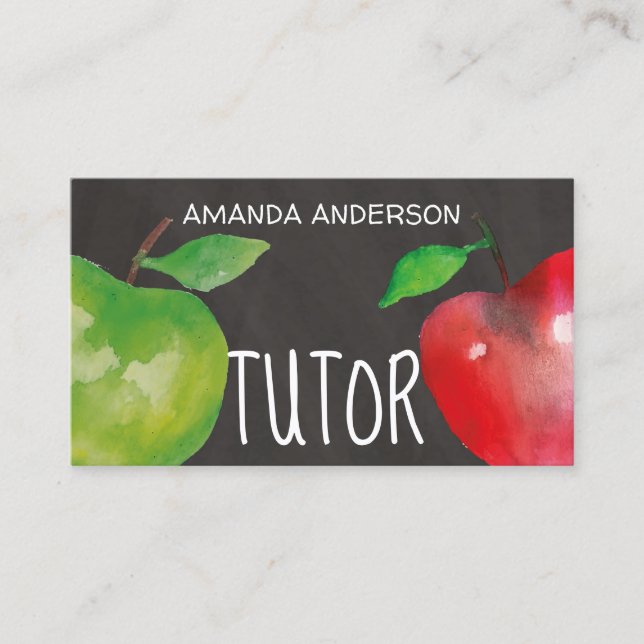 Chalkboard Watercolor Apples Modern Tutor Business Card (Front)