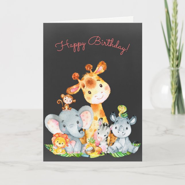 Chalkboard Watercolor Cute Jungle Animals Birthday Card (Front)