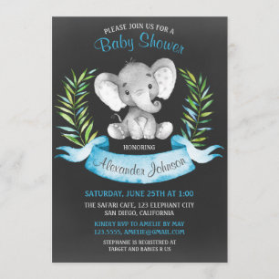 Chalkboard Watercolor Elephant Boy Baby Shower Invitation