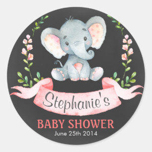 Chalkboard Watercolor Elephant Girl Baby Shower Classic Round Sticker