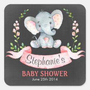Chalkboard Watercolor Elephant Girl Baby Shower Square Sticker