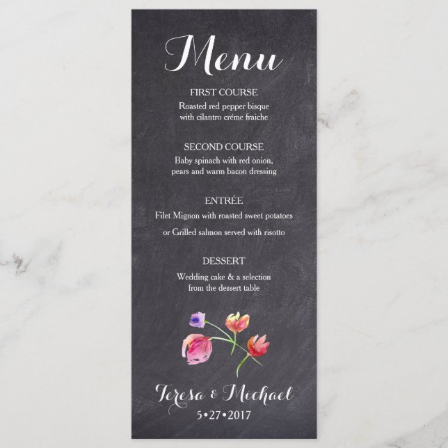 Chalkboard Watercolor Flower Menu cardn rustic (Front)