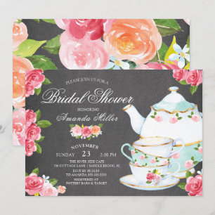 Chalkboard Watercolor Foral Tea Bridal Shower Invitation