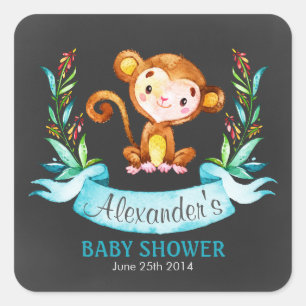 Chalkboard Watercolor Monkey Boy Baby Shower Square Sticker