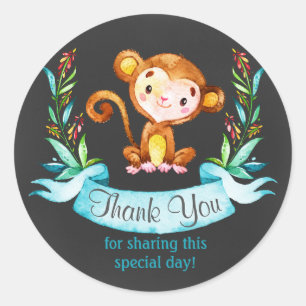 Chalkboard Watercolor Monkey Boy Thank You Classic Round Sticker