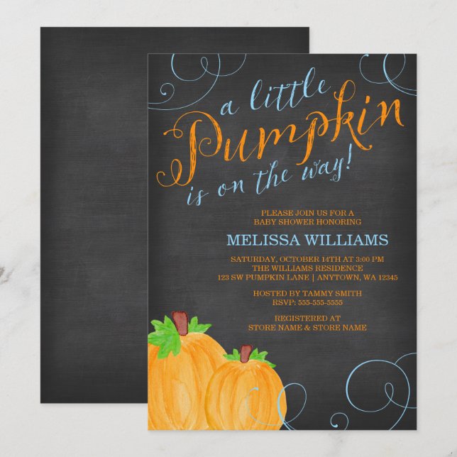 Chalkboard Watercolor Pumpkin Boy Baby Shower Invitation (Front/Back)