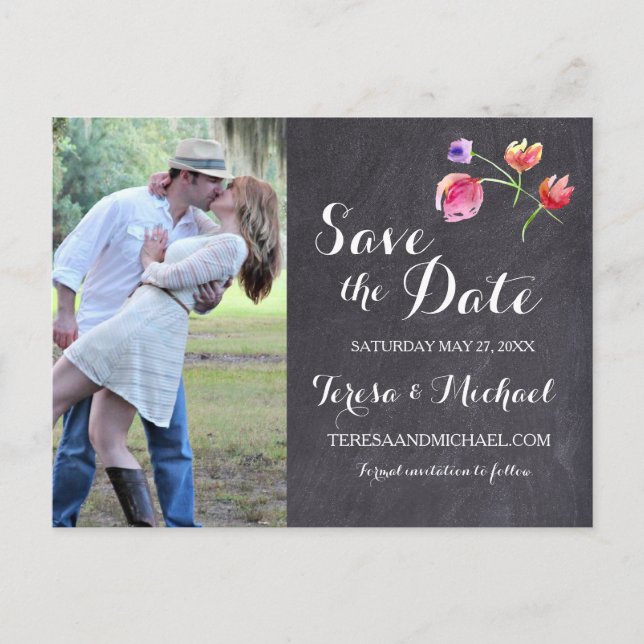 Chalkboard Watercolour Flower Save the date Announcement Postcard (Front)