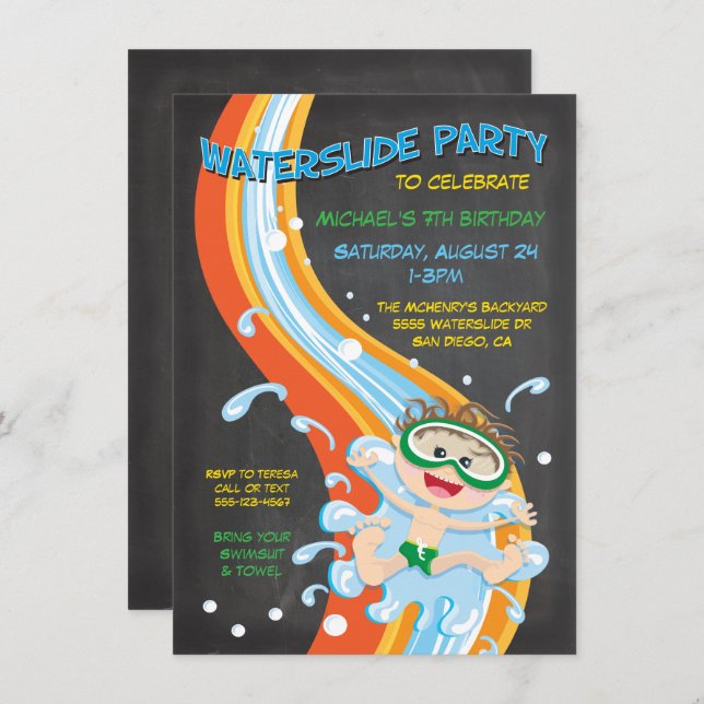 Chalkboard Waterslide Pool Party Invitation (Front/Back)