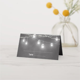 Chalkboard Wedding Black White String Lights Place Card