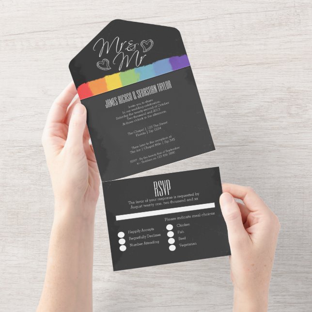 Chalkboard wedding doodle hearts Mr and Mr All In One Invitation (Tearaway)