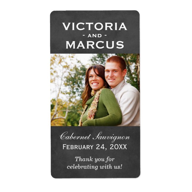 Chalkboard Wedding Monogram Photo Wine Bottle (Front)