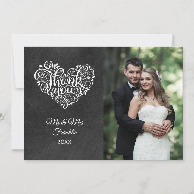 Chalkboard Wedding Photo Elegant Script Thank You (Front)