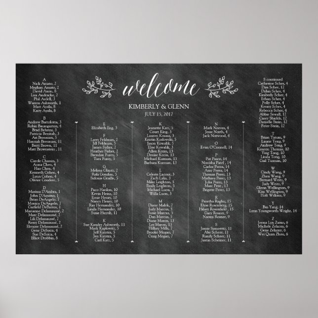 Chalkboard Wedding Seating Chart Alphabetical (Front)