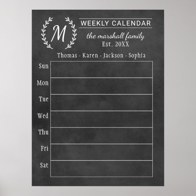 Chalkboard Weekly Family Monogram Calendar Poster (Front)