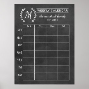 Chalkboard Weekly Family Monogram Calendar Poster