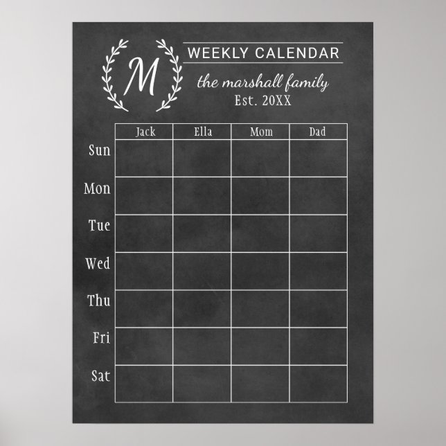 Chalkboard Weekly Family Monogram Calendar Poster (Front)