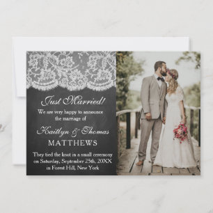 Chalkboard & White Lace Wedding Photo Marriage Announcement