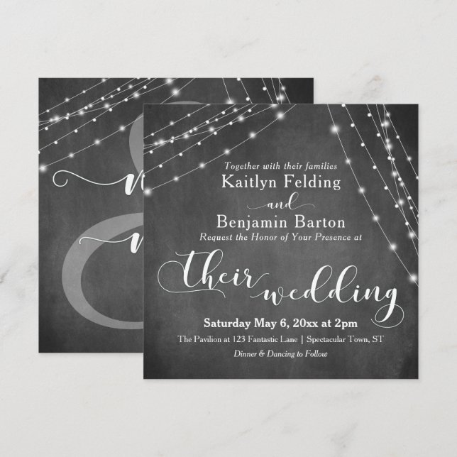Chalkboard White Light Strings Calligraphy Wedding Invitation (Front/Back)