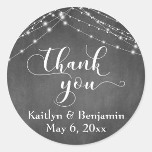 Chalkboard & White Lights Wedding Script Thank You Classic Round Sticker
