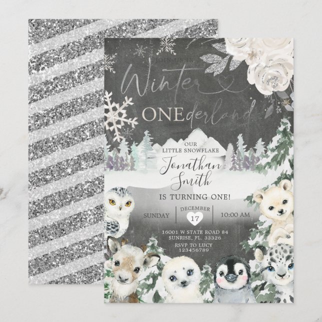 Chalkboard Winter Animal Onederland Birthday Invitation (Front/Back)