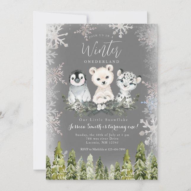 Chalkboard Winter Arctics onederland Snowflakes Invitation (Front)