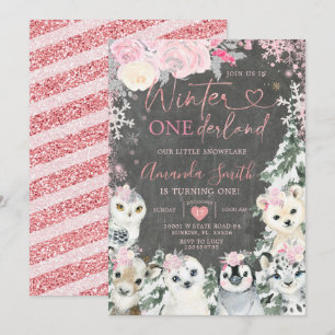 Chalkboard Winter Pink Animal Onederland Birthday Invitation