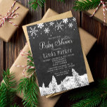 Chalkboard wonderland rustic winter baby shower invitation<br><div class="desc">Rustic country style baby shower winter chic elegant invitation template with borders of white snowflakes, falling snow and pine trees wonderland landscape on dark grey charcoal chalkboard background. Fill in your information in the spots, You can choose to customize it further changing fonts and colours of lettering. ---- The invitation...</div>