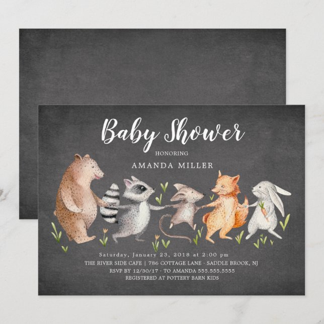 Chalkboard Woodland Animals Baby Shower Invitation (Front/Back)