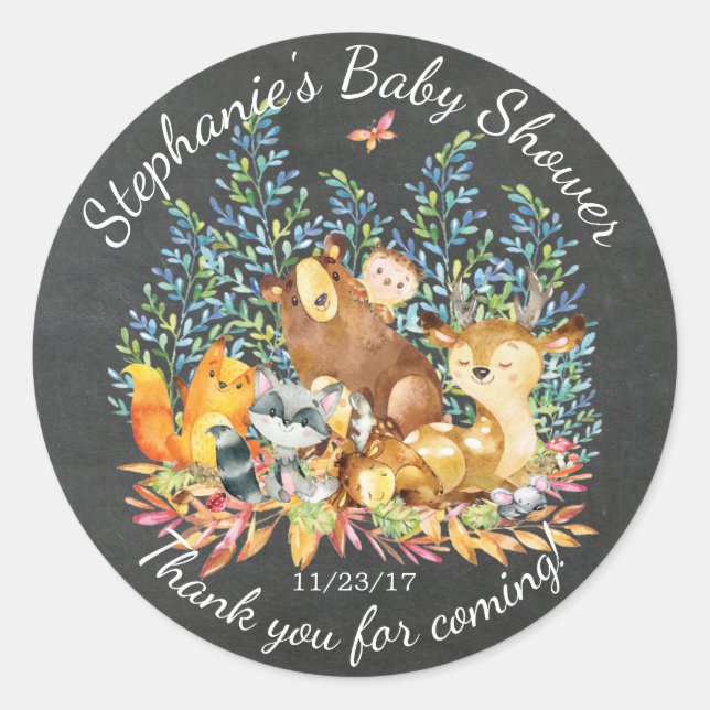Chalkboard Woodland Baby shower Favoriser Sticker (Devant)