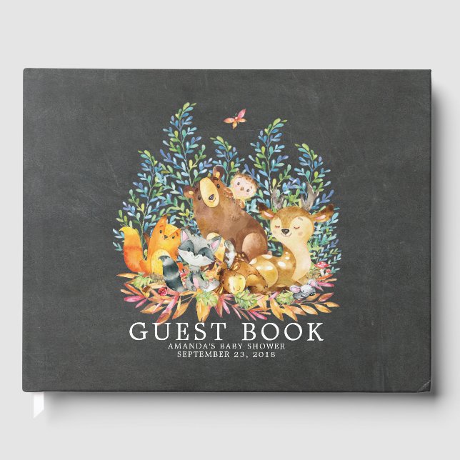 Chalkboard Woodland Baby shower Livre d'invité (Recto)