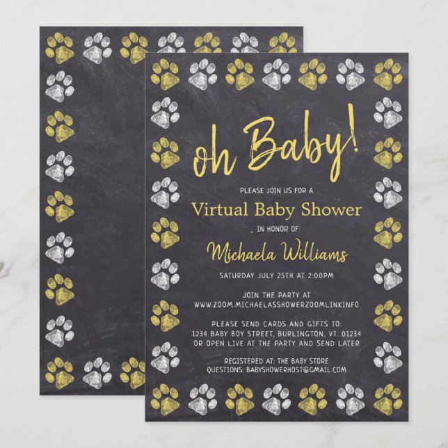 Chalkboard Yellow Paw Print Virtual Baby Shower Invitation (Front/Back)