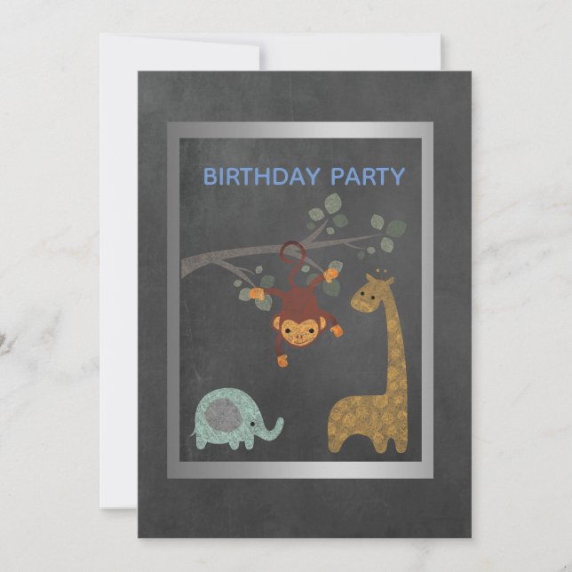 Chalkboard zoo animals birthday party invitation (Front)