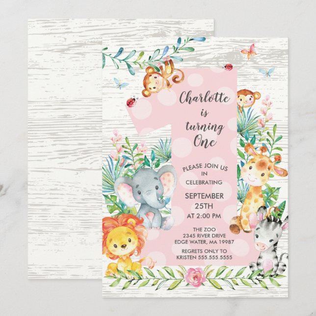 ChalkboardJungle Big One Girls Birthday Invitation (Front/Back)