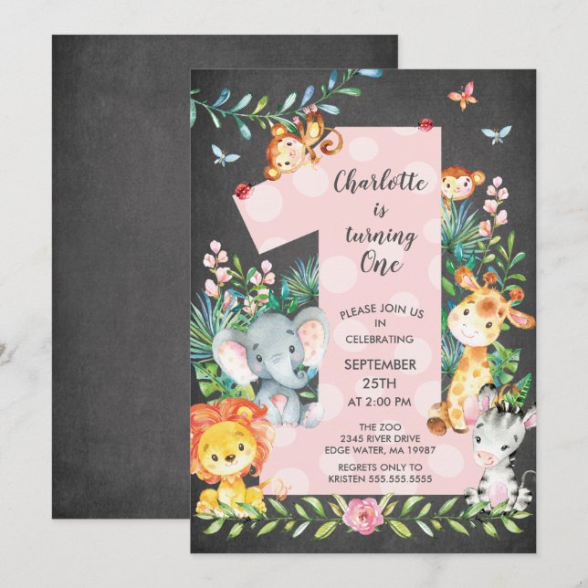 ChalkboardJungle Big One Girls Birthday Invitation (Front/Back)