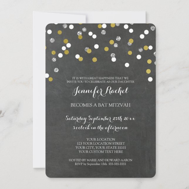 Chalkbord Silver Confetti Bat Mitzvah Invitations (Back)