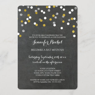 Chalkbord Silver Confetti Bat Mitzvah Invitations