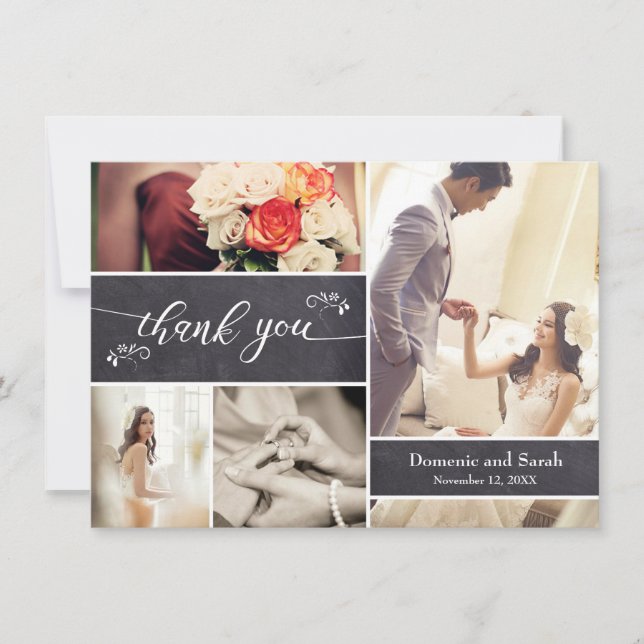 Chalked, 4 Photo Collage Rustic Wedding Thank You (Front)