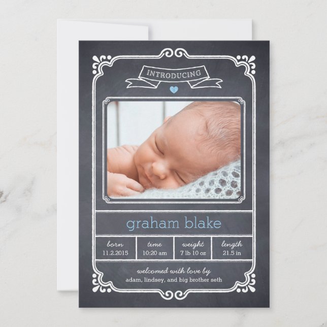 Chalked Frame Birth Announcement - Blue (Front)