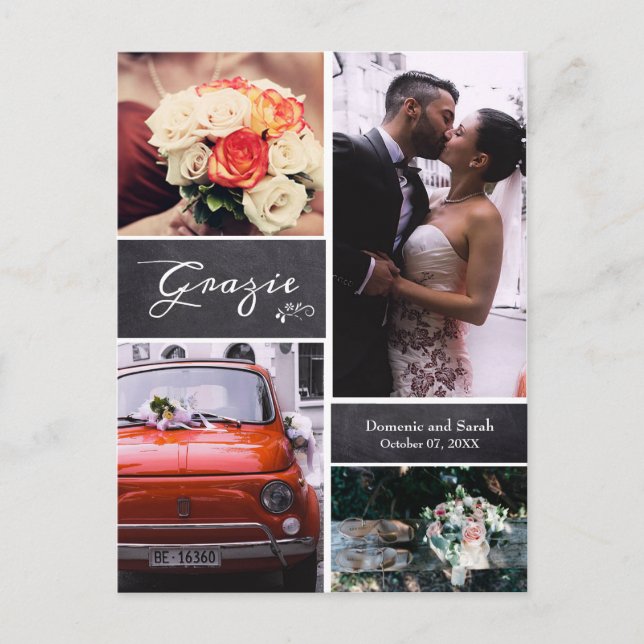 Chalked Photo Collage Rustic Wedding "Grazie" Announcement Postcard (Front)