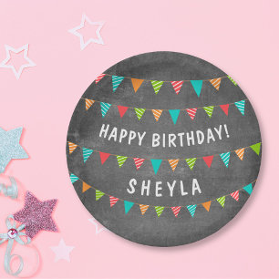 Chalkoard Bunting Flag Name Birthday Party Paper Plate
