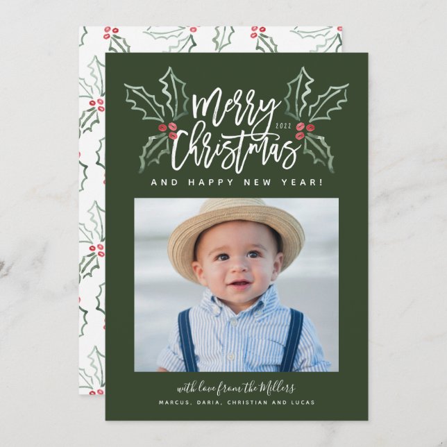 Chalky Brush Script Christmas Hollies Photo Green Holiday Card (Front/Back)