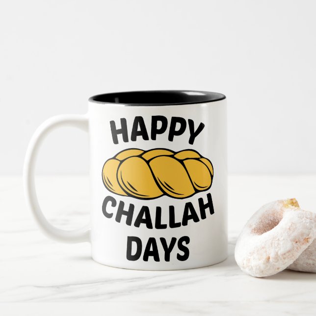 Challah Bread, Chanukah, Happy Challah Days Two-Tone Coffee Mug (With Donut)