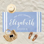 Chambray Blue Girls Weekend Personalized Name Beach Towel<br><div class="desc">Personalized beach towel design for a girls' weekend vacation getaway features a custom first name in modern script writing framed by coastal stripes, with custom text for the occasion. The chambray blue background colour can be modified. Please visit our shop for other colour options.</div>