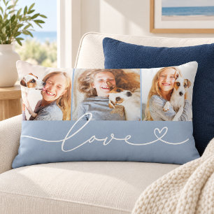 Chambray Blue Love Heart Script 3 Photo Lumbar Pillow