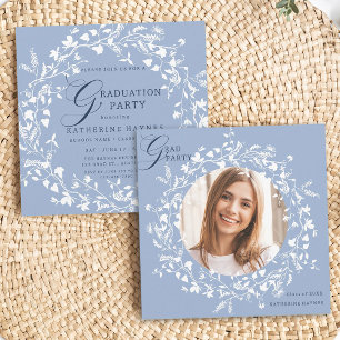 Chambray Blue White Wildflower Wreath Graduation Invitation